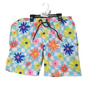 Distortion Men's XL Retro Hippie Floral Check 7" Swim Trunks Board Shorts Surfer